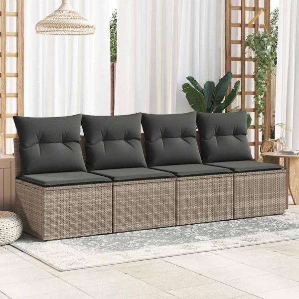 4-tlg. Garten-Sofagarnitur mit Kissen Grau Poly Rattan Akazie