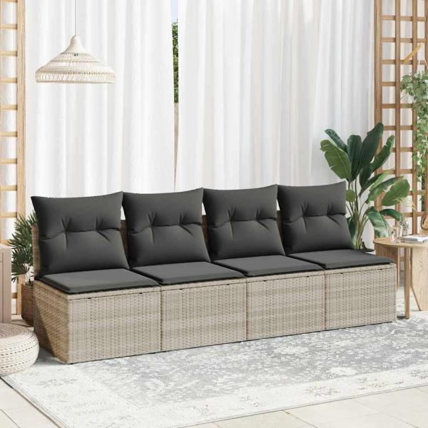 4-tlg. Garten-Sofagarnitur mit Kissen Hellgrau Poly Rattan