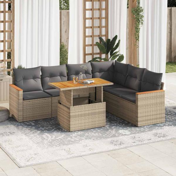 ARDEBO.de - 7-tlg. Garten-Sofagarnitur mit Kissen Beige Poly Rattan Akazie