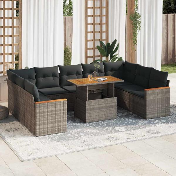 ARDEBO.de - 10-tlg. Garten-Sofagarnitur mit Kissen Grau Poly Rattan Akazie
