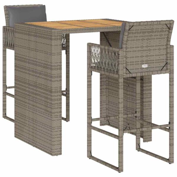 ARDEBO.de - 3-tlg. Gartenbar-Set mit Kissen Grau Poly Rattan Akazie