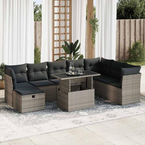 ARDEBO.de - 9-tlg. Garten-Sofagarnitur mit Kissen Grau Poly Rattan