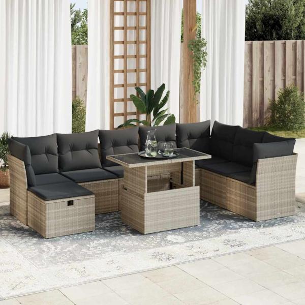 ARDEBO.de - 9-tlg. Garten-Sofagarnitur mit Kissen Hellgrau Poly Rattan