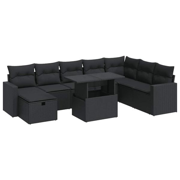 9-tlg. Garten-Sofagarnitur mit Kissen Schwarz Poly Rattan