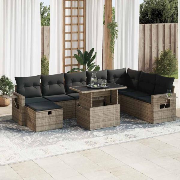 ARDEBO.de - 9-tlg. Garten-Sofagarnitur mit Kissen Grau Poly Rattan