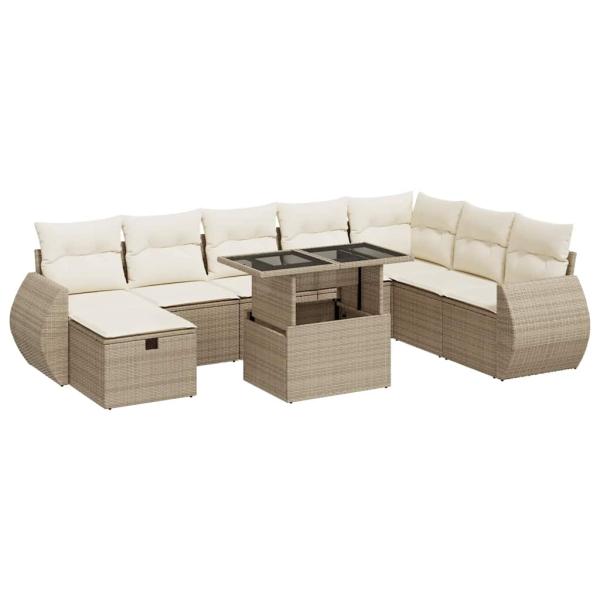 9-tlg. Garten-Sofagarnitur mit Kissen Beige Poly Rattan