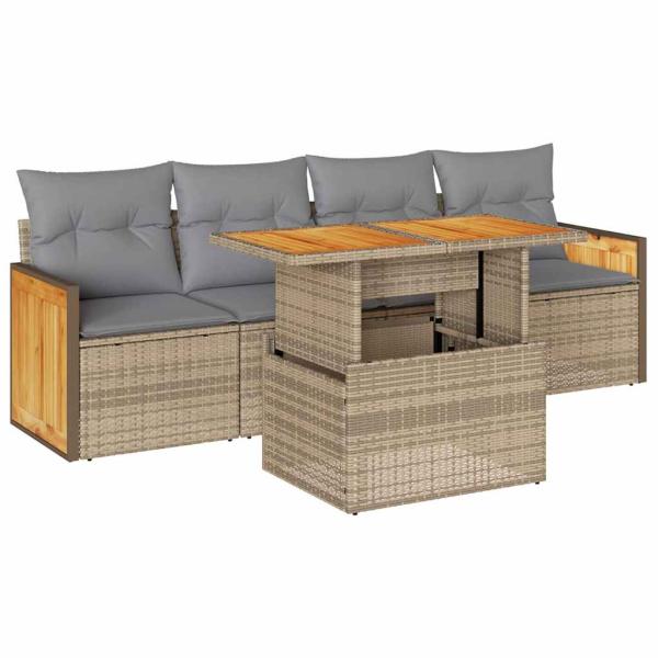 ARDEBO.de - 5-tlg. Garten-Sofagarnitur mit Kissen Beige Poly Rattan Akazie
