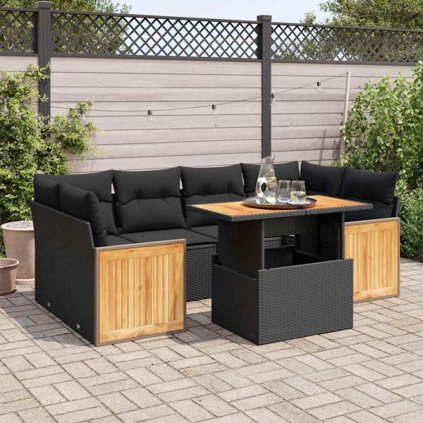 ARDEBO.de - 7-tlg. Garten-Sofagarnitur mit Kissen Schwarz Poly Rattan