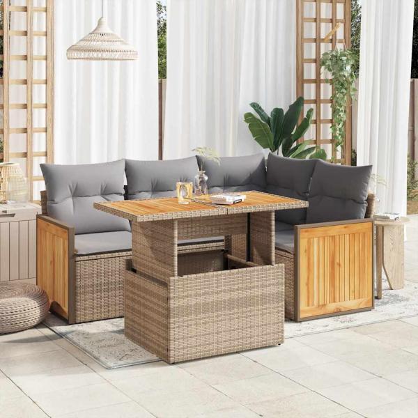 ARDEBO.de - 5-tlg. Garten-Sofagarnitur mit Kissen Beige Poly Rattan Akazie