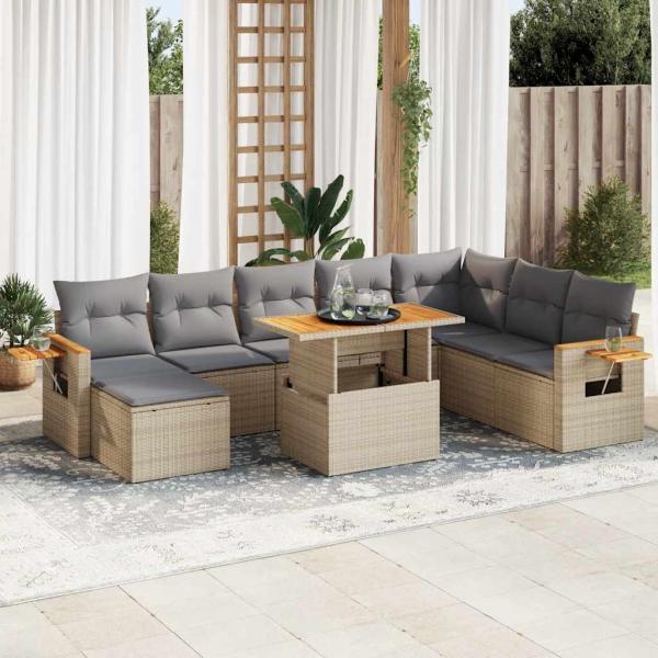 ARDEBO.de - 7-tlg. Garten-Sofagarnitur mit Kissen Beige Poly Rattan Akazie