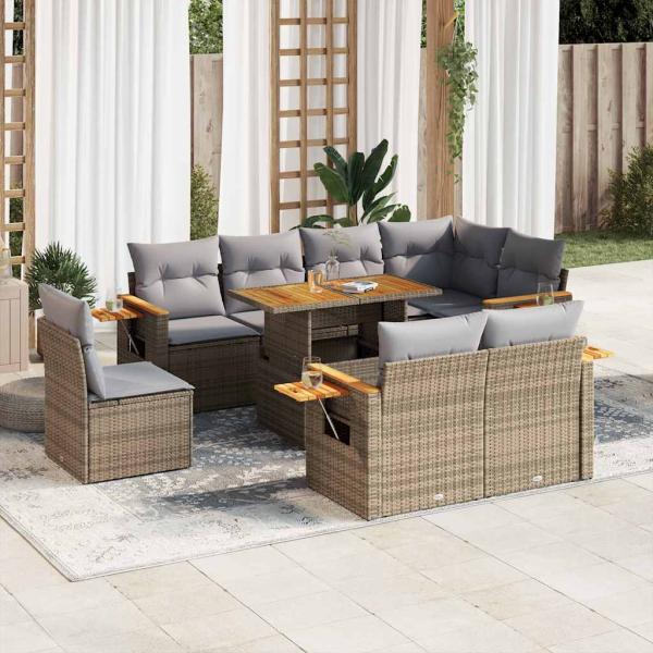 ARDEBO.de - 9-tlg. Garten-Sofagarnitur mit Kissen Beige Poly Rattan Akazie