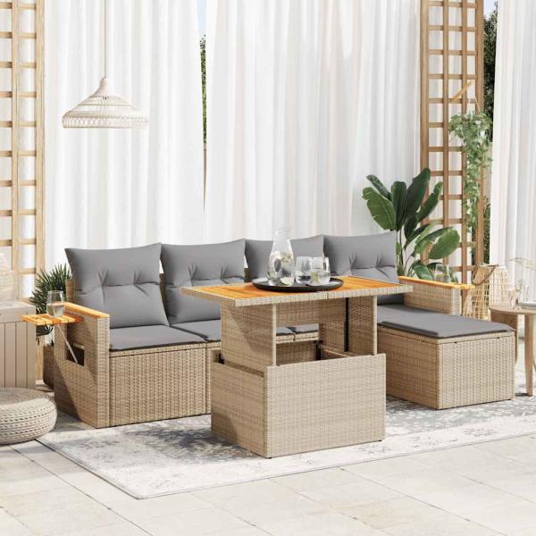 ARDEBO.de - 7-tlg. Garten-Sofagarnitur mit Kissen Beige Poly Rattan Akazie