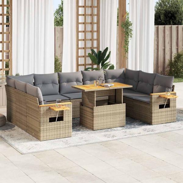 ARDEBO.de - 10-tlg. Garten-Sofagarnitur mit Kissen Beige Poly Rattan Akazie