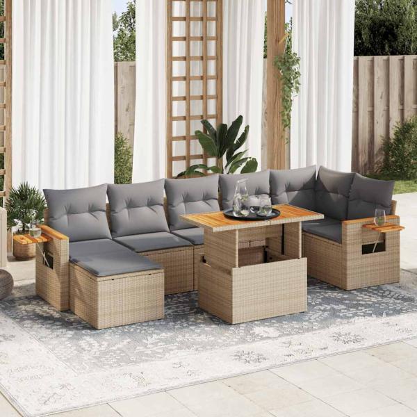 ARDEBO.de - 8-tlg. Garten-Sofagarnitur mit Kissen Beige Poly Rattan Akazie