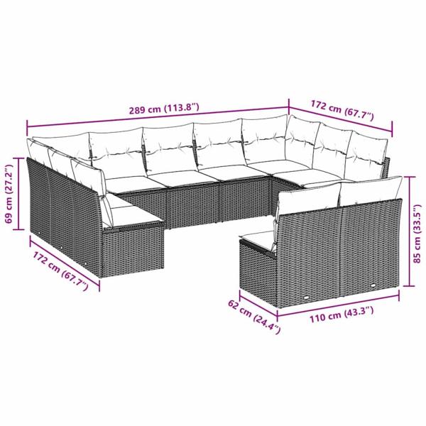 11-tlg. Garten-Sofagarnitur mit Kissen Hellgrau Poly Rattan