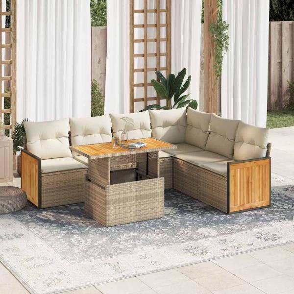 ARDEBO.de - 7-tlg. Garten-Sofagarnitur mit Kissen Beige Poly Rattan Akazie