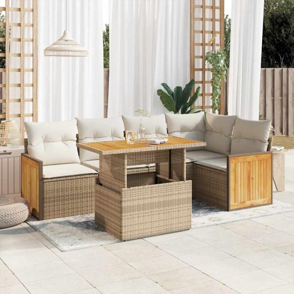 ARDEBO.de - 6-tlg. Garten-Sofagarnitur mit Kissen Beige Poly Rattan Akazie