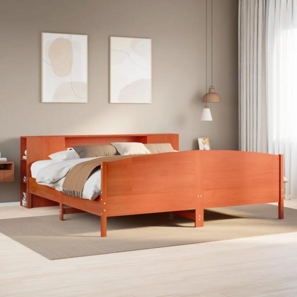 ARDEBO.de - Massivholzbett mit Regal ohne Matratze Wachsbraun 200x200 cm