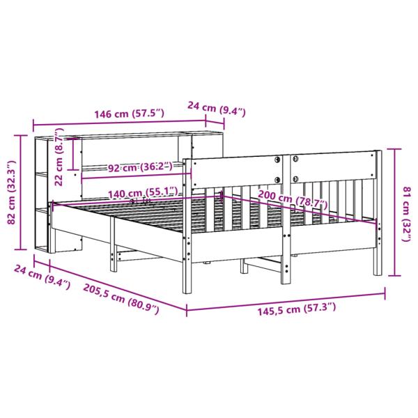 Massivholzbett mit Regal ohne Matratze Wachsbraun 140x200 cm