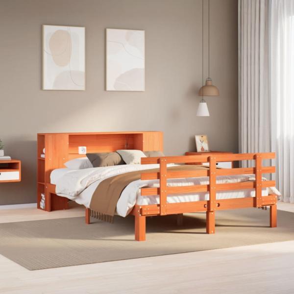 ARDEBO.de - Massivholzbett mit Regal ohne Matratze Wachsbraun 140x190 cm