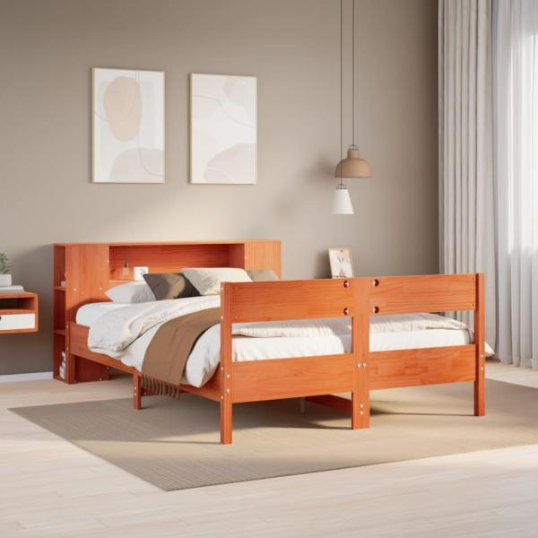 ARDEBO.de - Massivholzbett mit Regal ohne Matratze Wachsbraun 140x190 cm