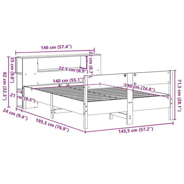 Massivholzbett mit Regal ohne Matratze Wachsbraun 140x190 cm