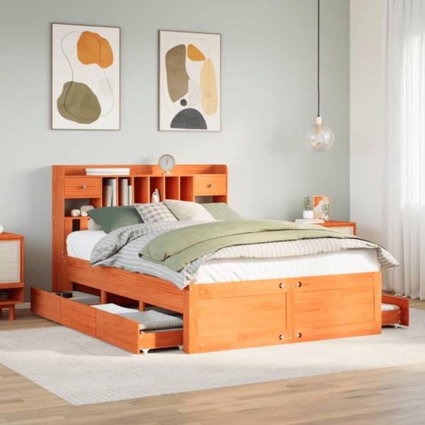 ARDEBO.de - Massivholzbett mit Regal ohne Matratze Wachsbraun 160x200 cm