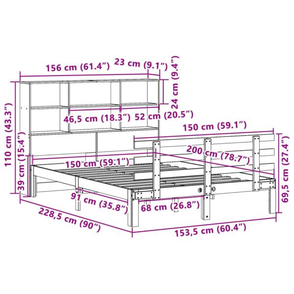 Massivholzbett mit Regal ohne Matratze Wachsbraun 150x200 cm