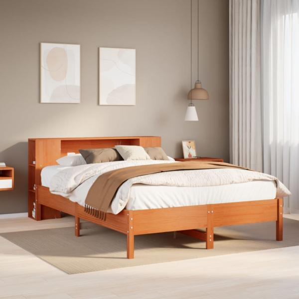 ARDEBO.de - Massivholzbett mit Regal ohne Matratze Wachsbraun 150x200 cm