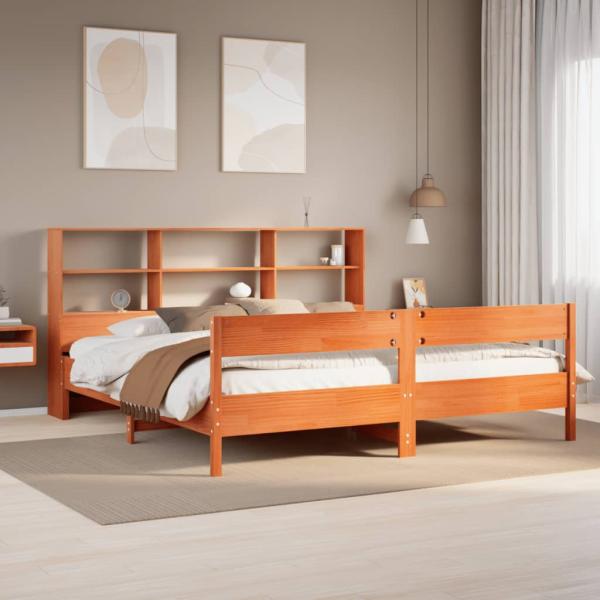 ARDEBO.de - Massivholzbett mit Regal ohne Matratze Wachsbraun 200x200 cm