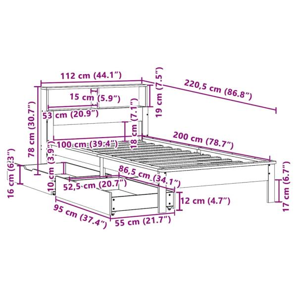 Massivholzbett mit Regal ohne Matratze Wachsbraun 100x200 cm