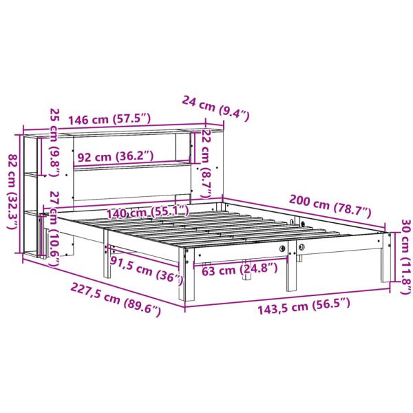 Massivholzbett mit Regal ohne Matratze Weiß 140x200 cm Kiefer