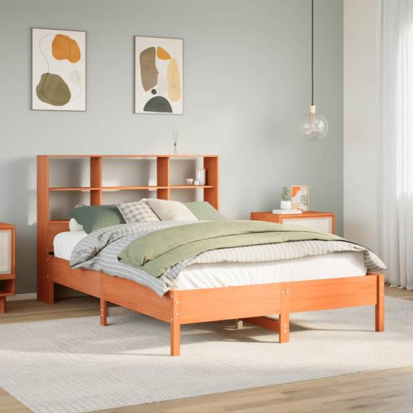 ARDEBO.de - Massivholzbett mit Regal ohne Matratze Wachsbraun 135x190 cm