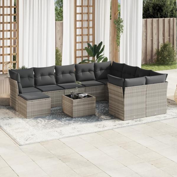 ARDEBO.de - 11-tlg. Garten-Sofagarnitur mit Kissen Hellgrau Poly Rattan