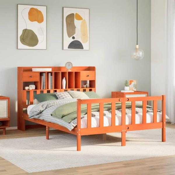 ARDEBO.de - Massivholzbett mit Regal ohne Matratze Wachsbraun 140x200 cm