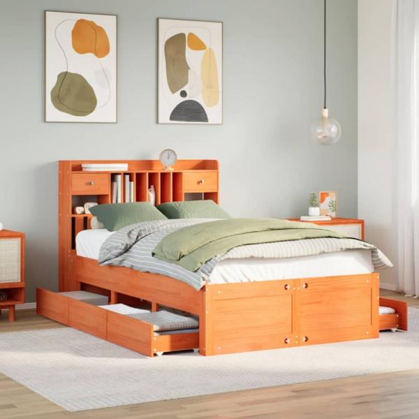 ARDEBO.de - Massivholzbett mit Regal ohne Matratze Wachsbraun 135x190 cm