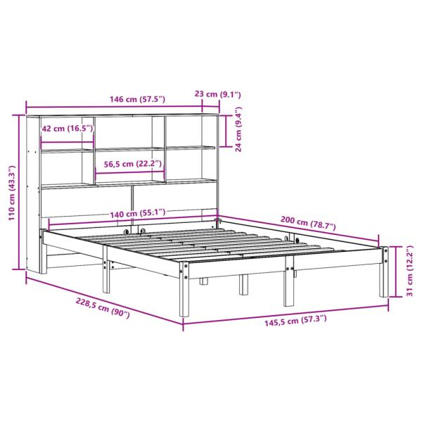 Massivholzbett mit Regal ohne Matratze Wachsbraun 140x200 cm
