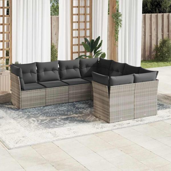 ARDEBO.de - 8-tlg. Garten-Sofagarnitur mit Kissen Hellgrau Poly Rattan