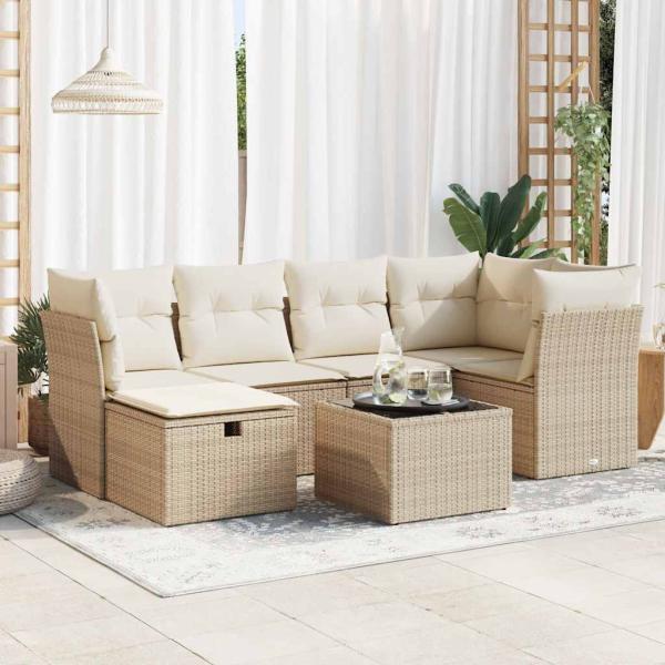 ARDEBO.de - 7-tlg. Garten-Sofagarnitur mit Kissen Beige Poly Rattan