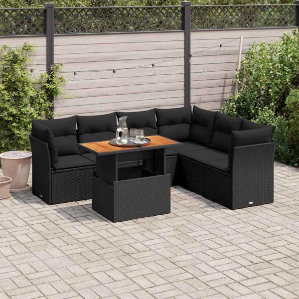 ARDEBO.de - 7-tlg. Garten-Sofagarnitur mit Kissen Schwarz Poly Rattan