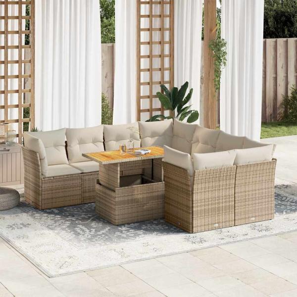 ARDEBO.de - 9-tlg. Garten-Sofagarnitur mit Kissen Beige Poly Rattan