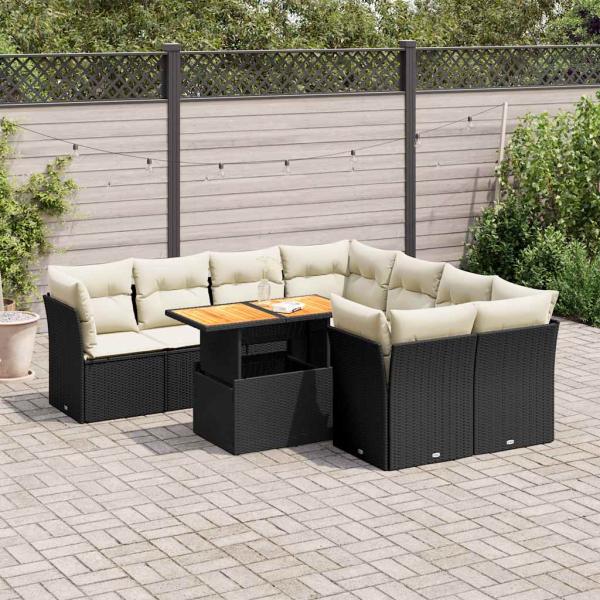 ARDEBO.de - 9-tlg. Garten-Sofagarnitur mit Kissen Schwarz Poly Rattan