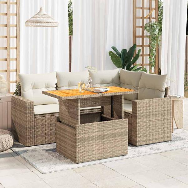 ARDEBO.de - 5-tlg. Garten-Sofagarnitur mit Kissen Beige Poly Rattan