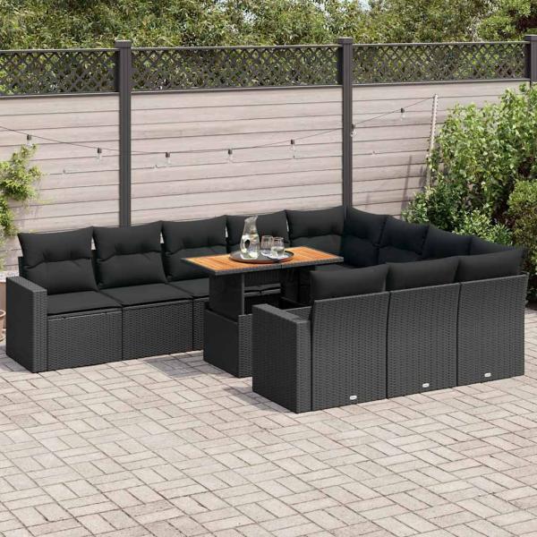 ARDEBO.de - 11-tlg. Garten-Sofagarnitur mit Kissen Schwarz Poly Rattan