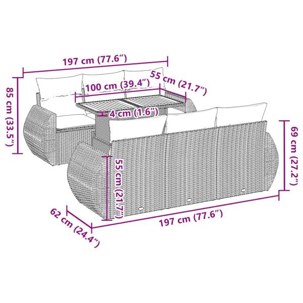 7-tlg. Garten-Sofagarnitur mit Kissen Grau Poly Rattan
