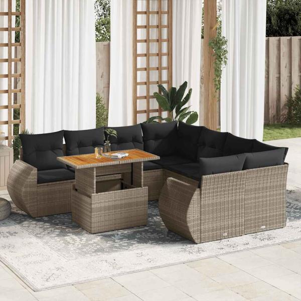 ARDEBO.de - 9-tlg. Garten-Sofagarnitur mit Kissen Grau Poly Rattan