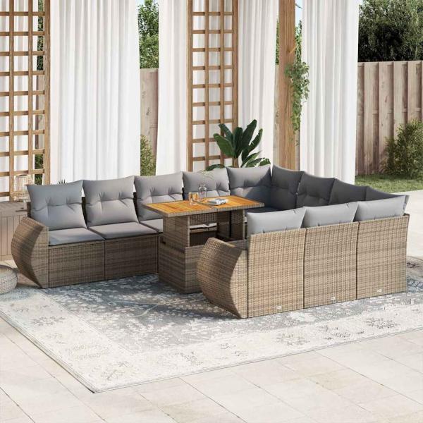 ARDEBO.de - 11-tlg. Garten-Sofagarnitur mit Kissen Beige Poly Rattan