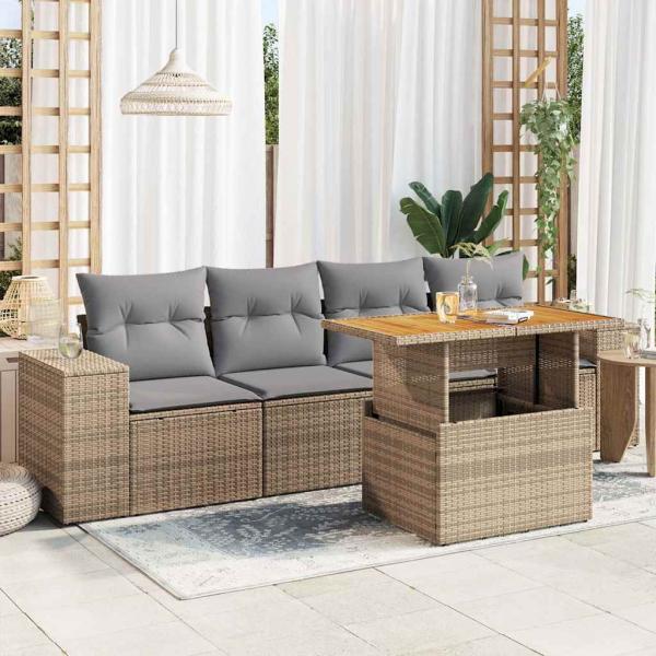 ARDEBO.de - 5-tlg. Garten-Sofagarnitur mit Kissen Beige Poly Rattan