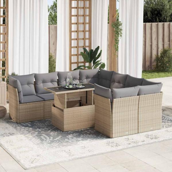 ARDEBO.de - 9-tlg. Garten-Sofagarnitur mit Kissen Beige Poly Rattan