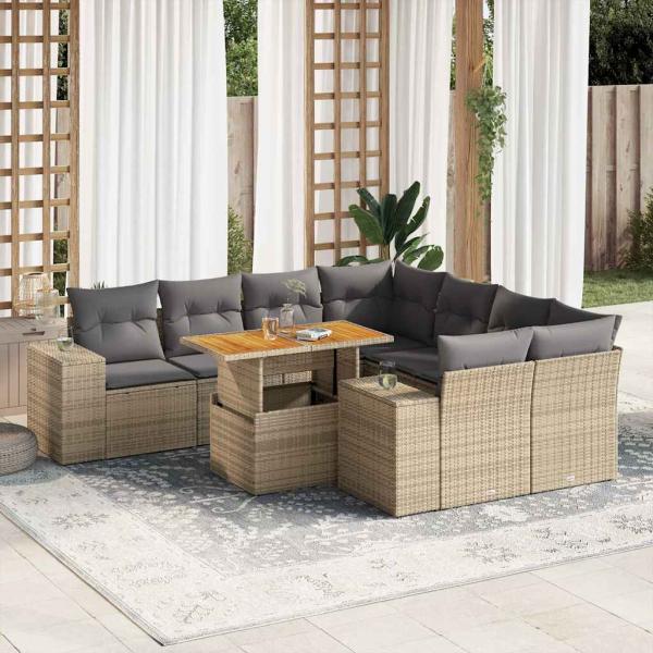 ARDEBO.de - 9-tlg. Garten-Sofagarnitur mit Kissen Beige Poly Rattan